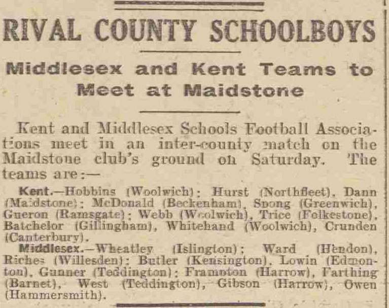 The teams selected for a Kent v Middlesex fixture, as published in the Daily Mirror on 26th February 1930